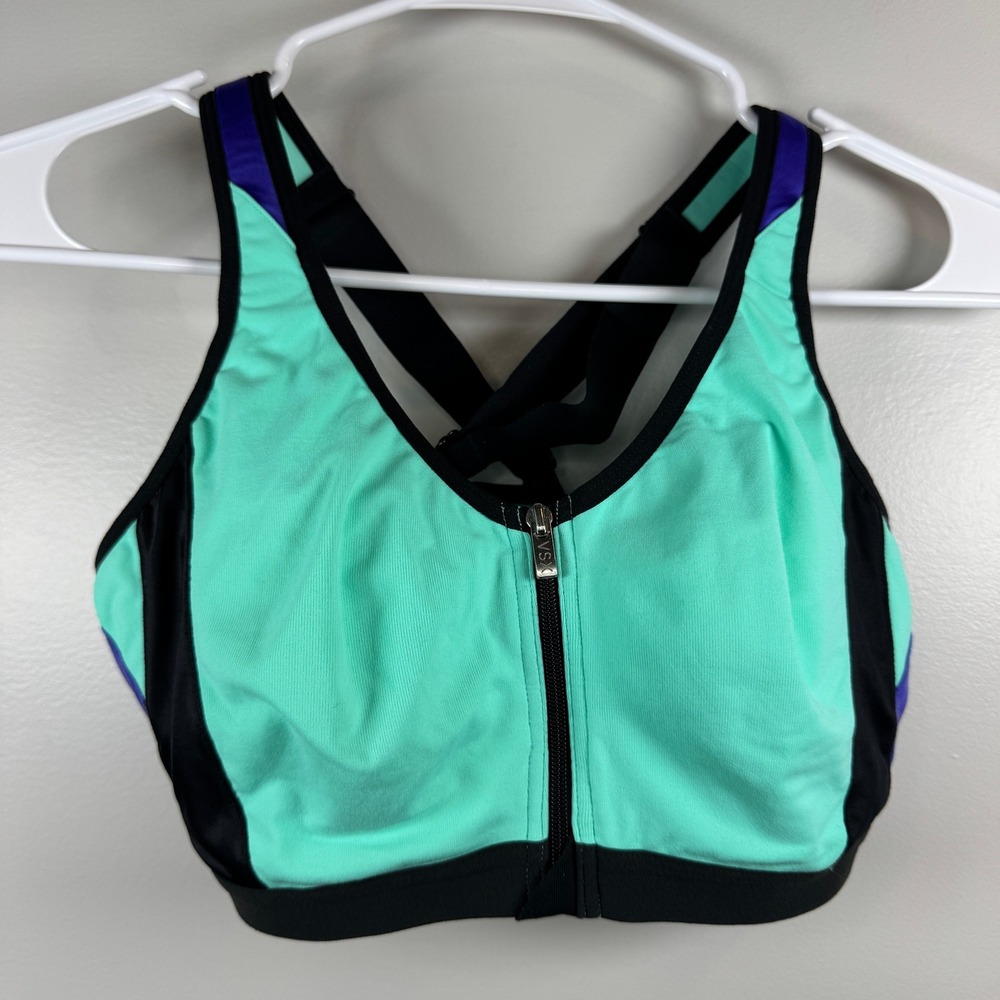 Victoria's Secret VSX Sport Bra Front Zip Mint Green Purple Black 36B Athleisure